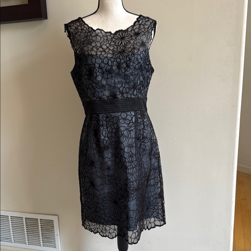 Adrianna Papell Black Floral Lace Midi Dress